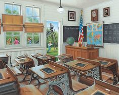 this is an image of a classroom with desks and chalkboards on the wall