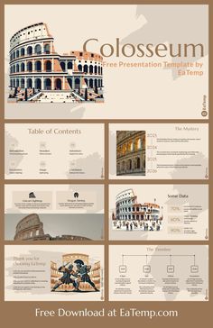 the colosseum powerpoint presentation template is shown in three different colors and sizes