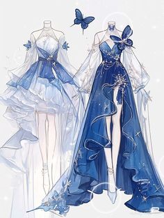 two blue dresses with butterflies on them, one in the middle and one in the back