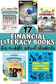 several books with the title 17 financial literacy books for middle school students, including an image of