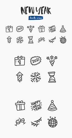 the new year icon set is shown in black and white, with different symbols on it