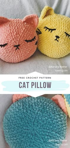 two crocheted cat pillows with the words free crochet pattern on them