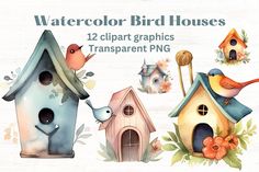 watercolor bird houses clipart graphics