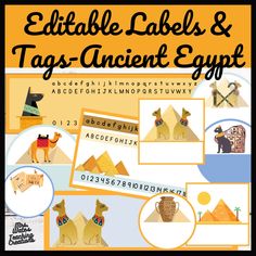 an egyptian alphabet and numbers with pictures of camels, giraffes, and pyramids