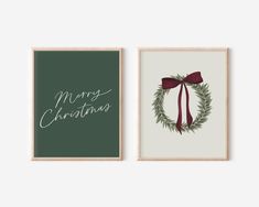 two framed christmas cards with the words merry christmas and a wreath on them, both in green