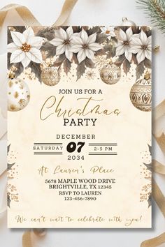 an elegant christmas party flyer with poinsettis and ornaments on white paper, surrounded by gold ribbon