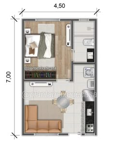 the floor plan for a small apartment with one bedroom and an attached living room area