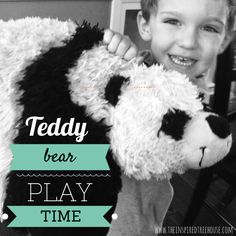 a young boy holding a stuffed panda bear with the words teddy bear play time on it