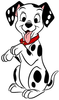 a cartoon dalmatian dog sitting down with its tongue out and his eyes closed