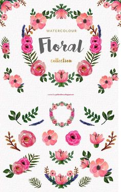 watercolor floral collection with pink flowers and greenery