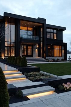 a modern house with steps leading up to the front door and landscaping area at night