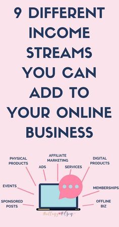 a pink poster with the words, 9 different infos streams you can add to your online business