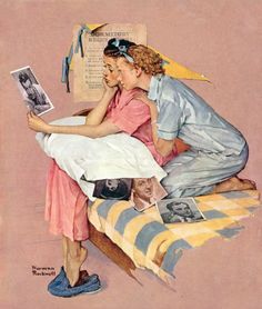 a painting of two people sitting on top of a bed next to each other, one reading a book