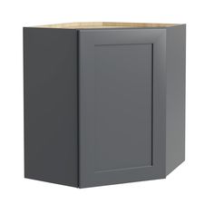 a gray cabinet with a wooden top