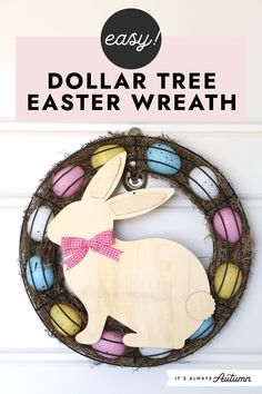 an easy dollar tree easter wreath made out of wood and painted eggs