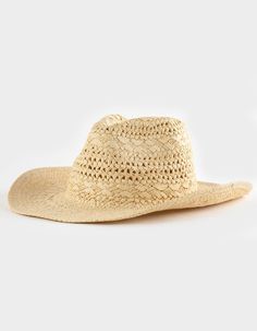 Straw Cowboy Hat. Allover Straw Construction. Approximate Crown Height: 5". Approximate Brim Width: 3". 100% Paper. Imported. Country Style Cap For Vacation, Country Style Vacation Cap, Country Style Cap For Spring, Western Style Sun Hat For The Beach, Western Style Sun Hat For Beach, Western Style Beach Sun Hat, Summer Cap Straw Hat For Rodeo, Summer Straw Cap Hat For Rodeo, Summer Rodeo Cap-style Sun Hat