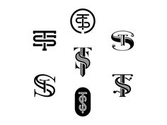 six different types of logos with the letters f and s in each letter, all black and white