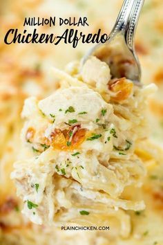 a spoon full of chicken alfredo in a casserole dish with text overlay