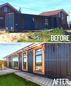 before and after photos of a shipping container home