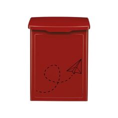 a red mailbox with a paper airplane drawn on it's front and side