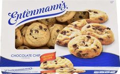 an open box of chocolate chip cookies with the package in it's front side