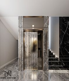 a bathroom with marble walls and flooring next to a stair case in an attic