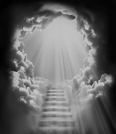 a stairway leading to the sky with clouds and light coming from it in the center