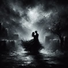 a man and woman standing in the middle of a dark, stormy sea under a cloudy sky