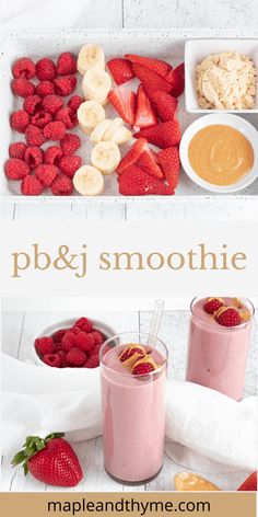 there are many different types of smoothies on the table with strawberries and bananas