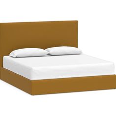 a bed with white sheets and brown headboard on it's side, in front of a white background