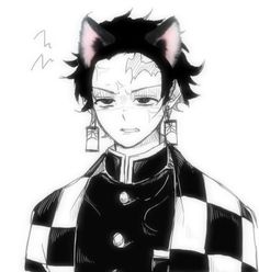 an anime character with black and white cats on his head, standing in front of a white