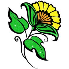 a drawing of a flower with green leaves and yellow flowers on the petals is shown