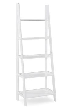 a white ladder shelf with three shelves on each side