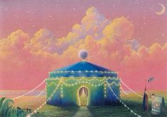 a painting of a tent with string lights on it and the sky in the background