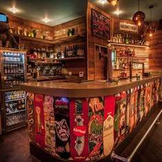 the bar is decorated with many different types of beer