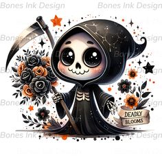 a cute little skeleton girl holding a flower bouquet