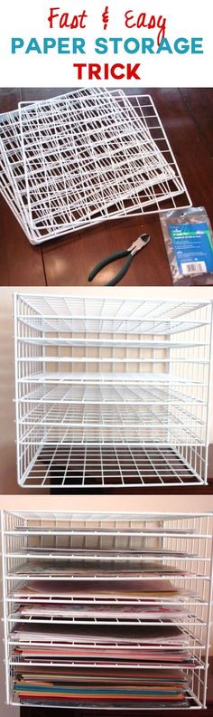 a white wire basket sitting on top of a wooden table next to scissors and paper