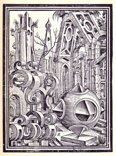 an ink drawing of a vase and other objects