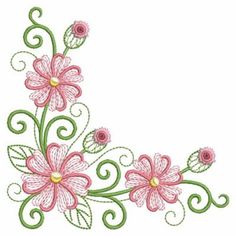 a pink flower with green leaves and swirls on the bottom, in front of a white background