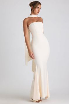 Scarf-Detail Strapless Gown in Ivory Fishtail Skirt, Fishtail Dress, Woman Suit Fashion, Hourglass Shape, Strapless Gown, Solid Color Dress, Embellished Dress, Black Maxi Dress, Dress Backs