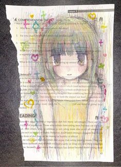 a drawing of a girl with long hair on top of a piece of paper that reads reading