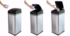 three different types of trash cans are shown