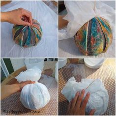 four pictures showing how to wrap an unwrapped round object in plastic bags