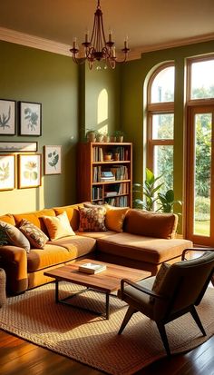 a living room filled with lots of furniture next to a large window covered in bookshelves