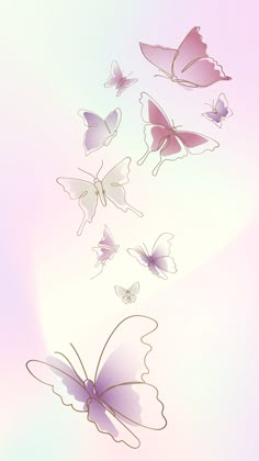 several butterflies flying in the air on a pink and white background