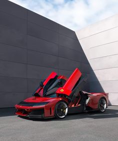 a red and black sports car parked in front of a building with its doors open