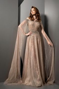 Fully beaded dress with cape Crystal Gown, Ziad Nakad, Engagement Gowns, Dress With Cape, Look Formal, فستان سهرة, Engagement Dresses, Cape Dress, A Line Gown