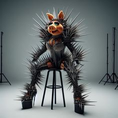 an animal sitting on top of a stool covered in spikes