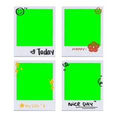 four green photos with the words today, happy and nice day written in black on them