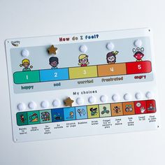 Recognising emotions and being able to label them is an invaluable tool for children. Use this smaller scale from happy to angry, to find out how you're feeling. You can then choose an option from the activity/coping mechanism scale below to help with that emotion! Suitable for all ages from 3+ Made from 0.3mm aluminium and printed onto an A4 sheet Includes 2 golden stars to move Display on a wall in your children's room, or store in a folder to bring out every day.